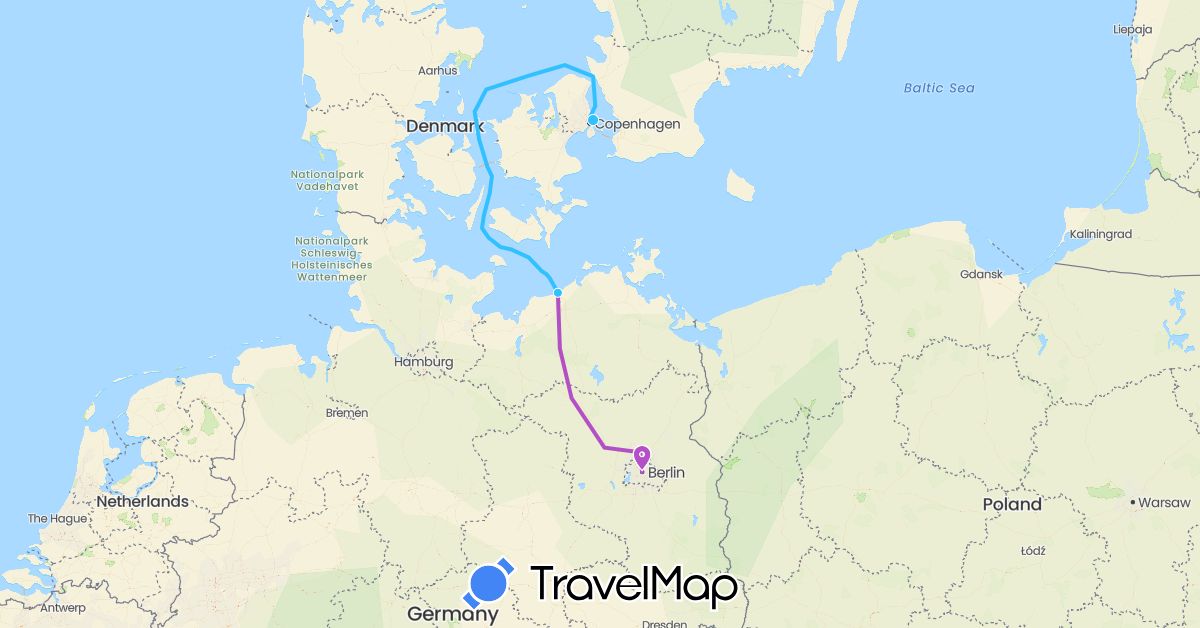 TravelMap itinerary: driving, train, boat in Germany, Denmark (Europe)
