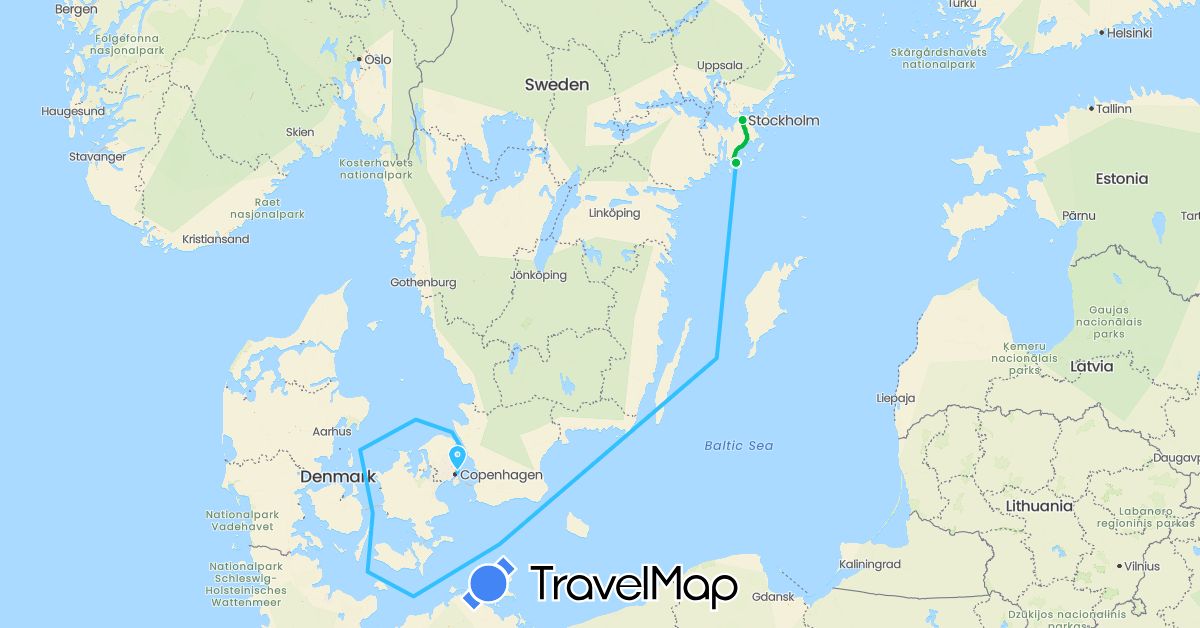 TravelMap itinerary: bus, boat in Denmark, Sweden (Europe)