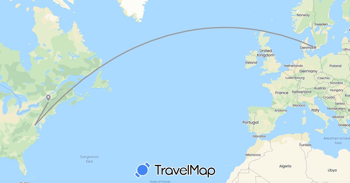 TravelMap itinerary: driving, plane in Denmark, United States (Europe, North America)